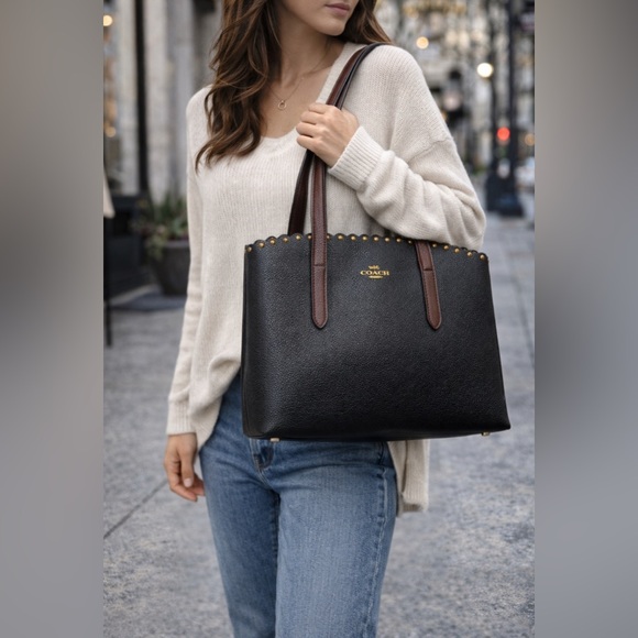 Coach Handbags - Coach Charlie Carryall Black Tote with Brown Handles and Scalloped rivets